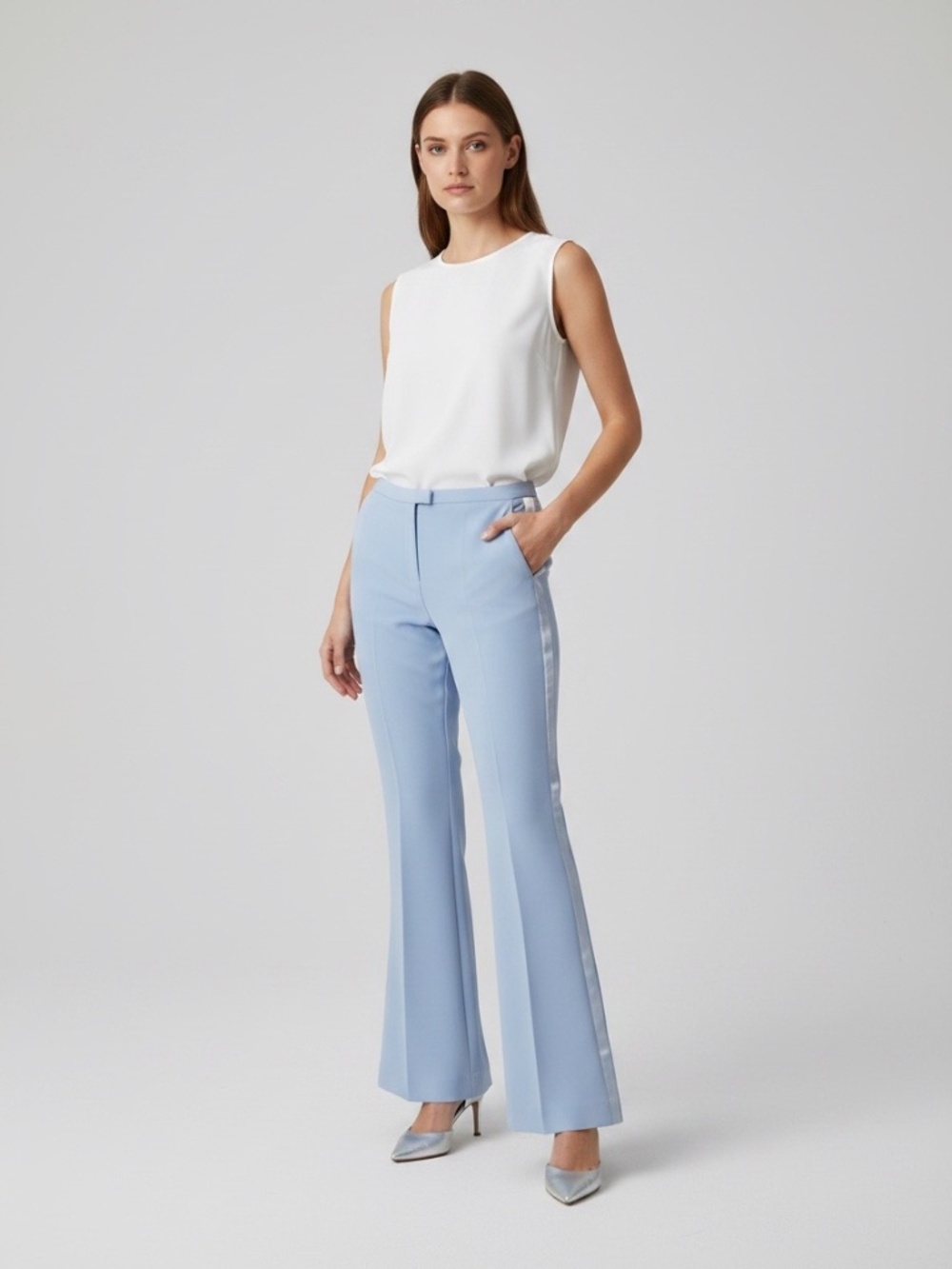 Escada 100% Silk Wide-Leg Flare Side-Stripe Trousers Size 36